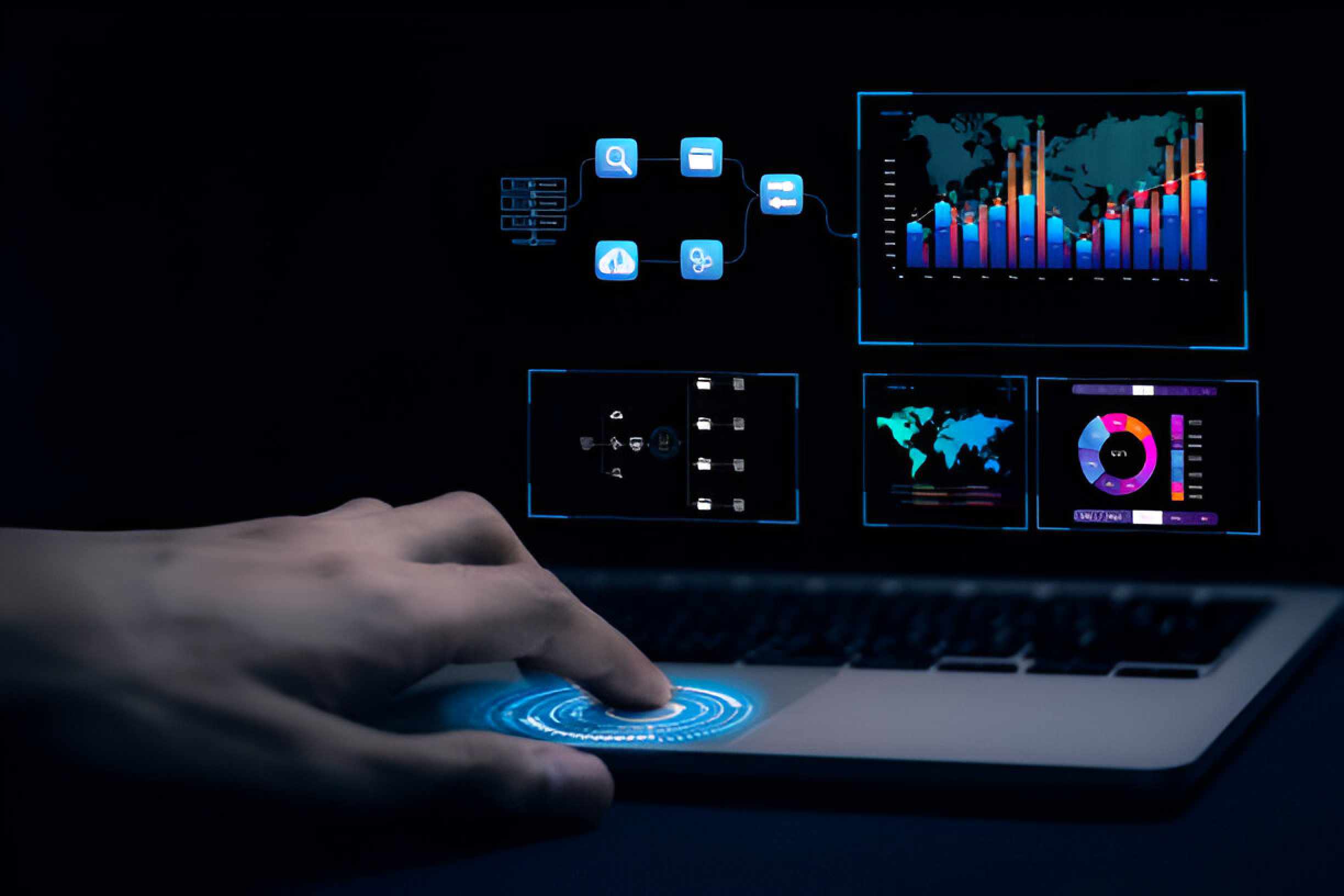 Hand interacting with futuristic laptop interface displaying data analytics and flowcharts.